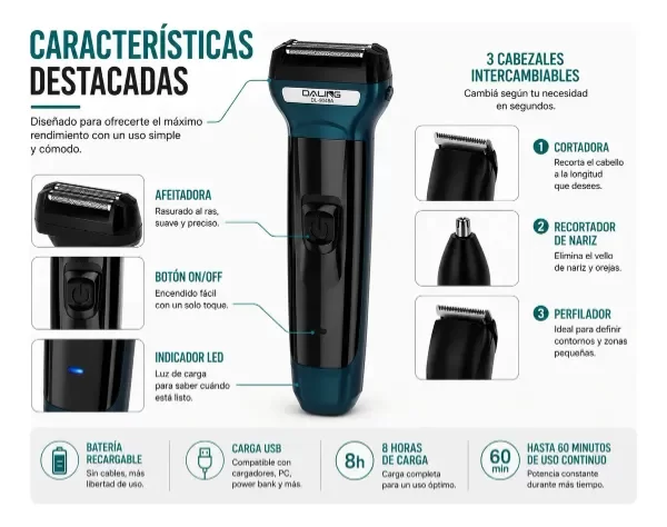 Producto - Cortadora De Barba 3 En 1 Recargable Usb - 3
