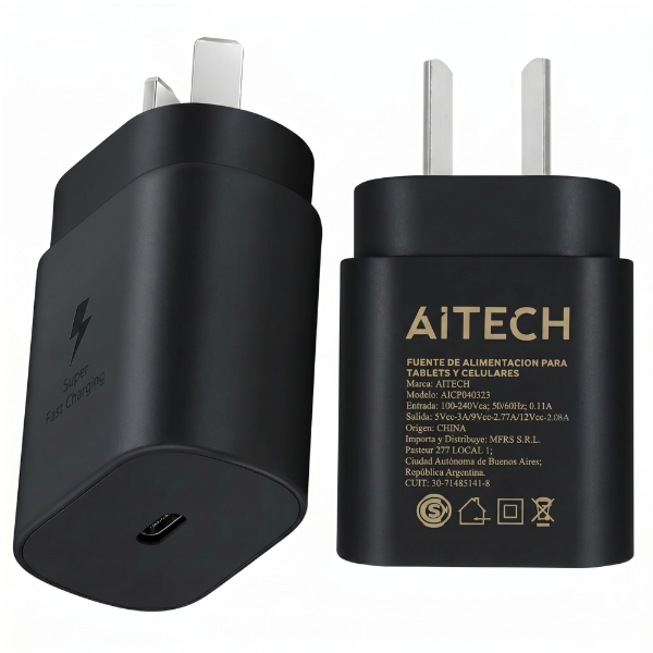 Producto - Cargador Adaptador Cabezal Usb-C - Carga Rápida 25W - Negro - Aitech