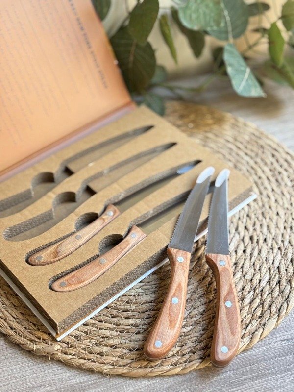 Producto - SET X 4 CUCHILLOS DE CARNE ACERO Y ACACIA 22 CM CON BOOK - 0