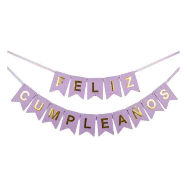 Producto - Banderin letra dorada FELIZ CUMPLEAÑOS color lila