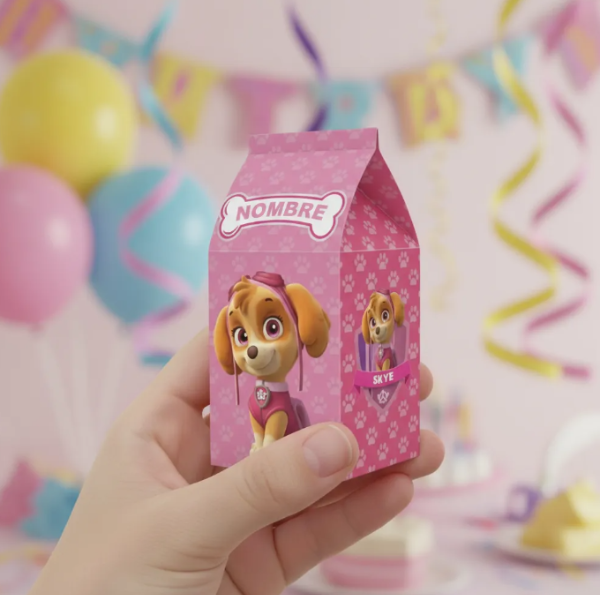 Producto - Caja Milk Box Imprimible Editable Skye Paw Patrol Rosa