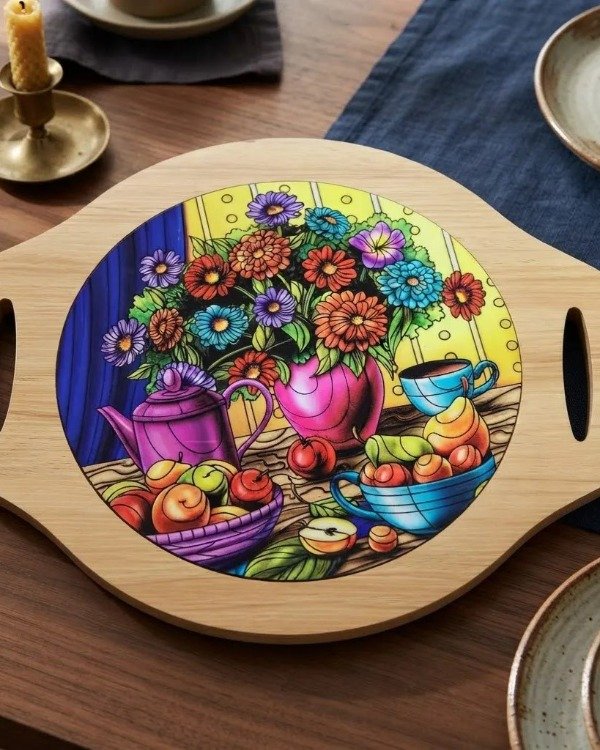 Producto - Posa Pava Fuente con asas Madera- Dibujo en PVC Redonda - 6