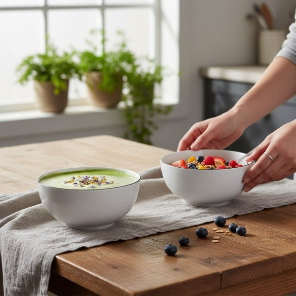 Producto - SET DE 2 BOWLS XL CERAMICA BLANCA CON BORDE NEGRO 15CM X 7.5CM 700ML