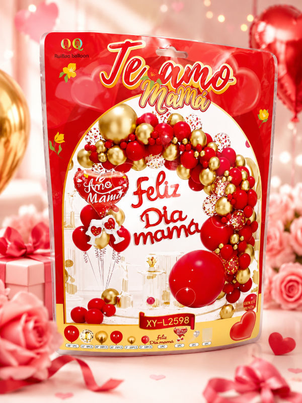 Producto - Set de globos rojo y dorado feliz dia mamá (78 piesas)