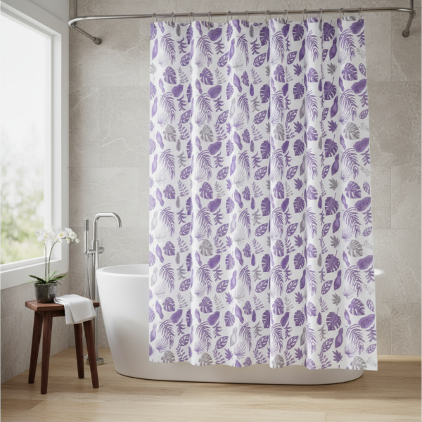 Producto - CORTINA PARA BAÑO DOBLE DISEÑO "HOJAS MONSTERAS VIOLETA " PREMIUM