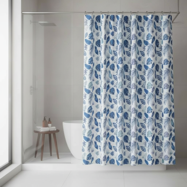 Producto - CORTINA PARA BAÑO DOBLE DISEÑO "HOJAS MONSTERAS AZUL" PREMIUM