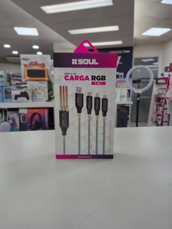 Producto - Cable USB RGB 3 en 1 60W PD Tipo C/Iphone/Micro Soul USB-RGB3EN1