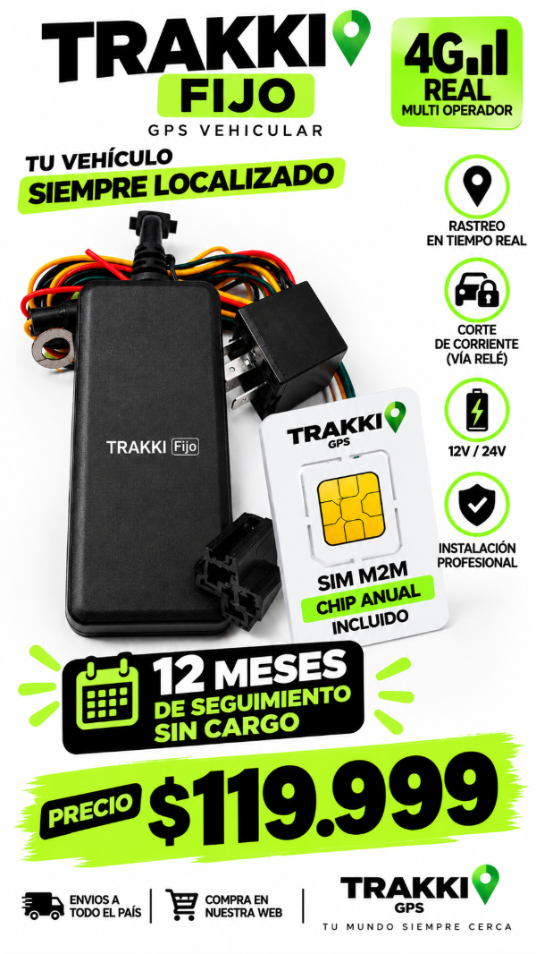 Producto - GPS TRAKKI FIJO 4G Vehicular + corta corriente+ SIM anual - 0