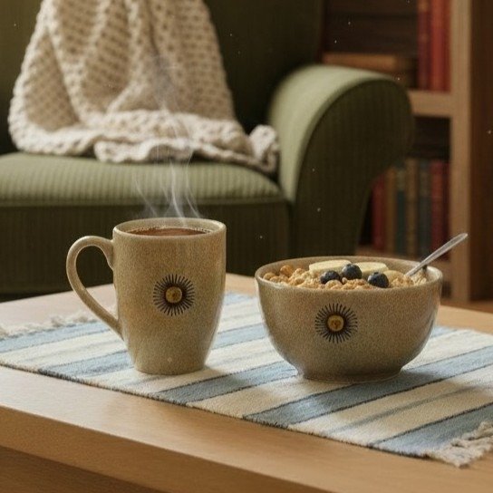 Producto - SET SOL DE ARGENTINA TAZA BOMBÉ MÁS CUENCO DE CERÁMICA GASPEADA ARENA EN CAJA