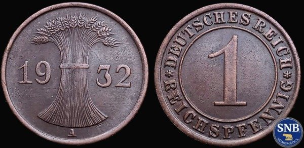 Producto - Alemania - República de Weimar - 1 Pfennig (1932 A) KM #37 [VF-]