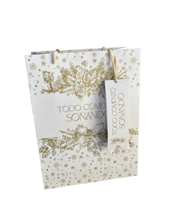 Producto - Bolsa de regalo premium blanca y dorada + Tag señalador