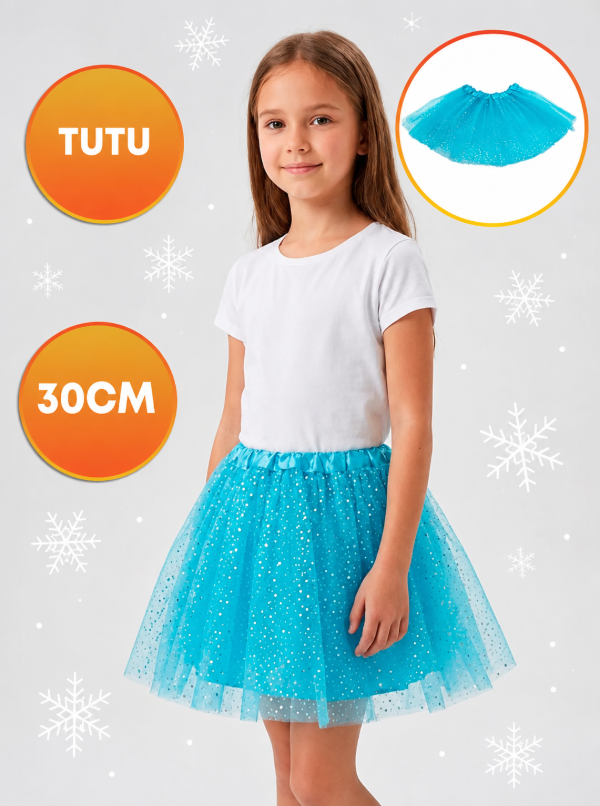 Producto - Tutu celeste con copitos redondito blanco 30 cm 3 capas