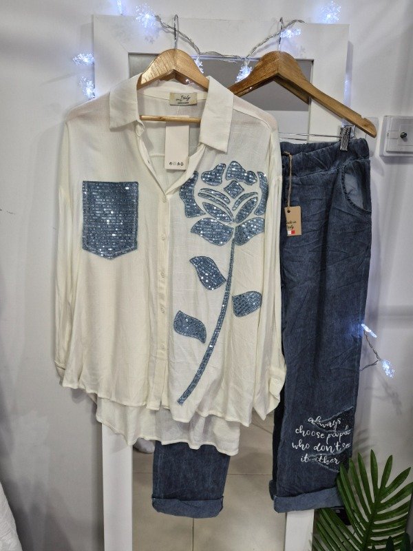 Producto - Camisa Moda Italiana Exclusiva Simil Jean y lentejuelas Rosa - XL-XXL - 3
