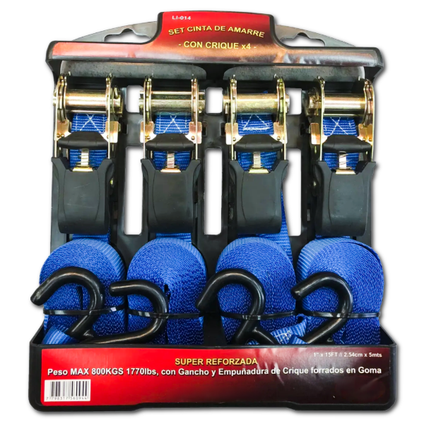 Producto - KIT X4 CINTA DE AMARRE CON CRIQUE 1 X 5 MTS SUPER REFORZADA 800KG LI-014