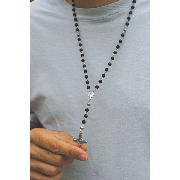 Producto - Rosario Acero para Hombre Perla Negra Piedra Volcánica - 0