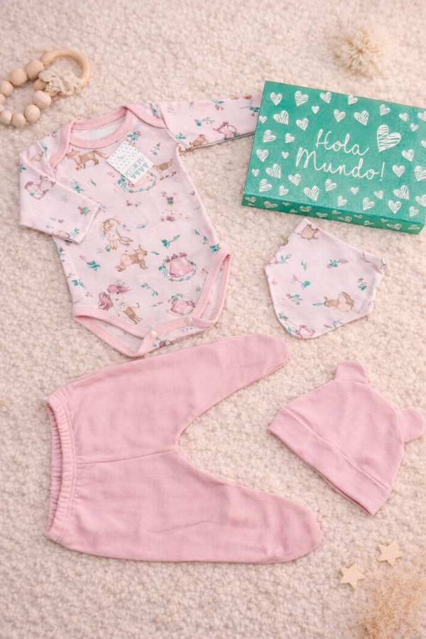 Producto - Ajuar 4 piezas interlock rosa animales del bosque