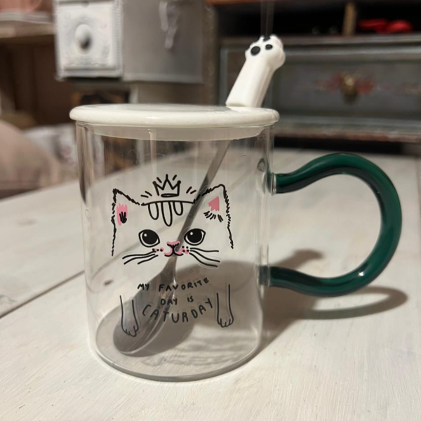 Producto - Taza temática de vidrio Caturday asa verde