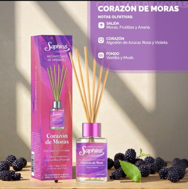 Producto - DIFUSOR CON VARILLAS SAPHIRUS 60ML "CORAZON DE MORAS"