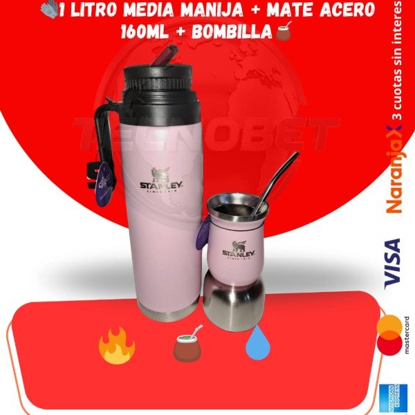Producto - TERMO 1 LITRO MEDIA MANIJA + MATE ACERO 160ML + BOMBILLA