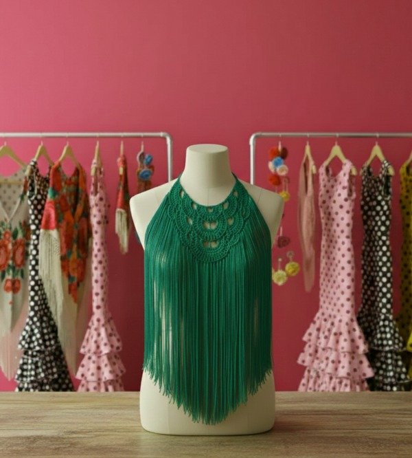 Producto - Collar De Flecos De Seda  XL Verde esmeralda