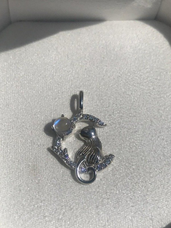 Producto - DIJE GATO SOBRE LUNA PIEDRA LUNAR PLATA 925