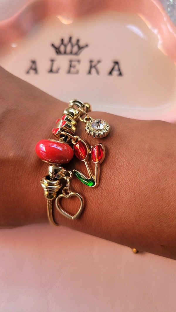 Producto - Pulsera pandora corbatin tulipán rojo de acero dorado - 3