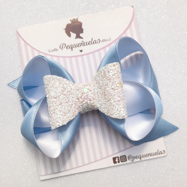 Producto - Moño Nataly Celeste y Blanco