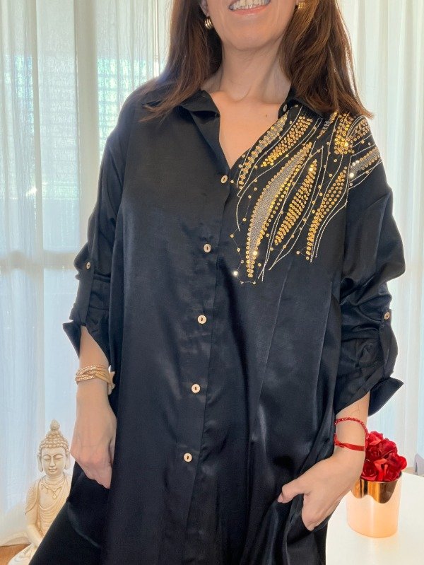 Producto - Maxi Camisas Saten Sedoso Lentejuelas Nueva Temporada -  Negro