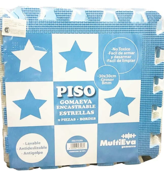 Producto - Multieva Piso de goma Estrellas 9 piezas + bordes (CELESTE Y BLANCO)