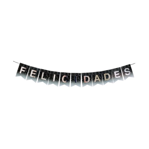 Producto - Banderin confetti stamping FELICIDADES color negro letra plateada