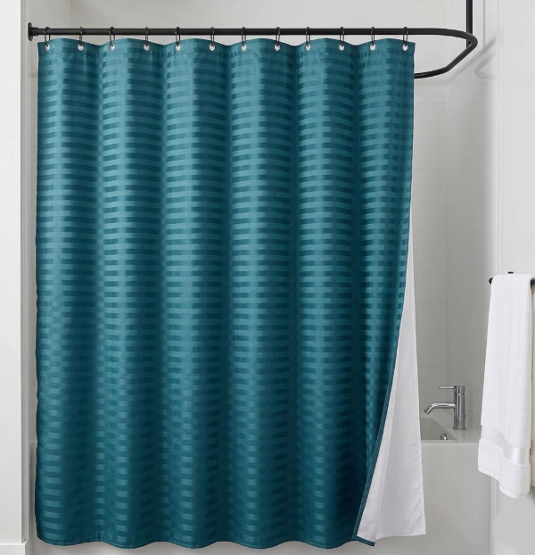 Producto - Kit para Baño Cortina 3D con Protector + Ganchos "Petróleo Líneas"