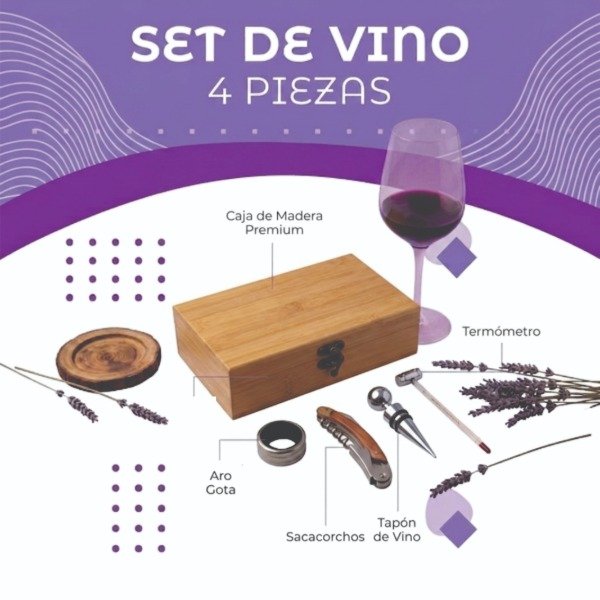 Producto - Set de vino caja bambú 4 piezas