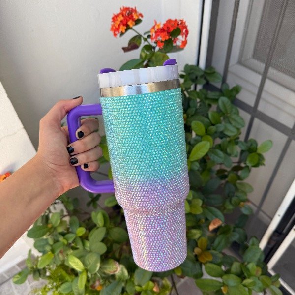 Producto - Vaso quencher 1.2 L con strass (verde agua y violeta)