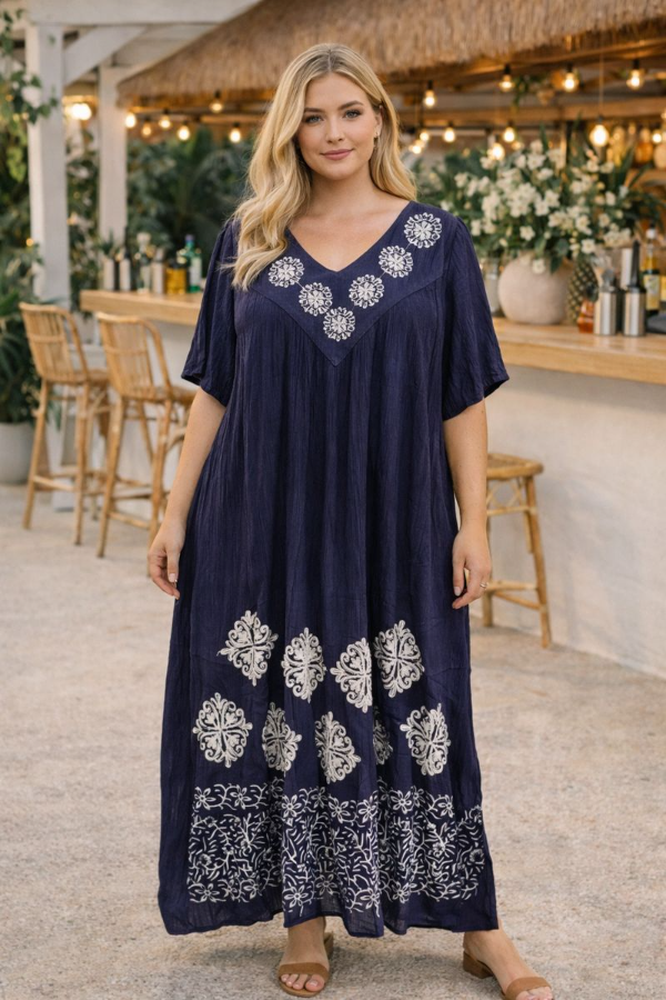 Producto - Maxi Vestido India Amplios XXL Bordados - 145 cm Transf 28.900 Azul Jaspeado