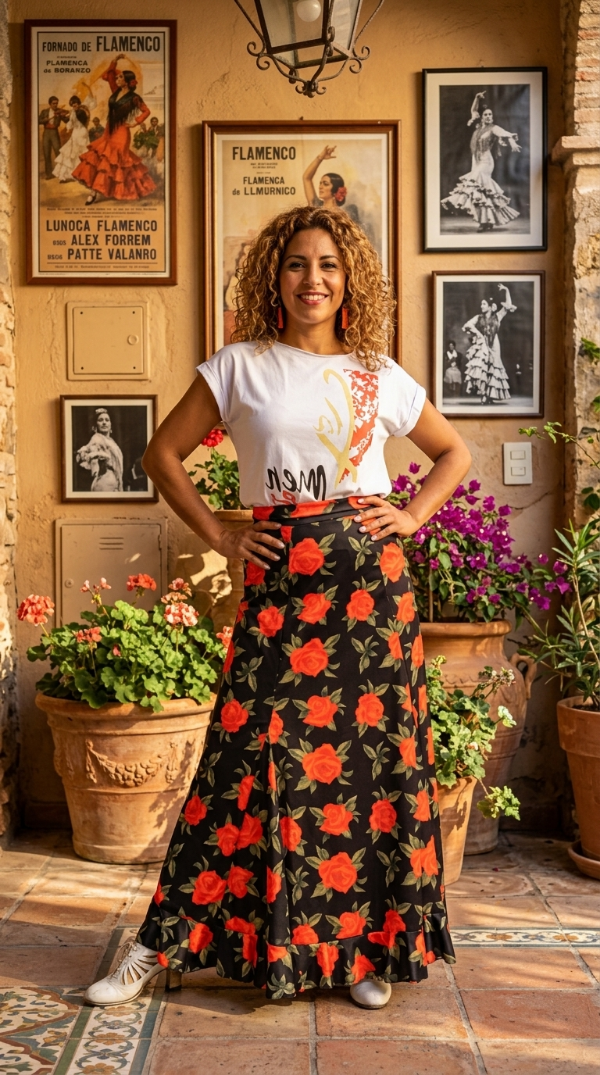 Producto - Falda negra flores rojas Talle S