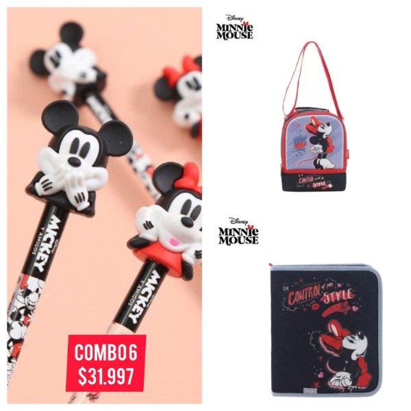 Producto - COMBO 6. CARPETA MINNIE, PENCIL MICKEY TOPPERS , LUNCHERA DOBLE DISNEY