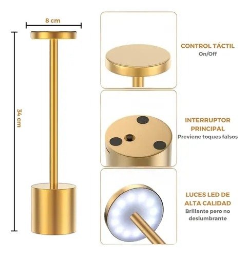 Producto - Lampara Led Dorada Touch Velador Mesa Recargable Inalámbrica