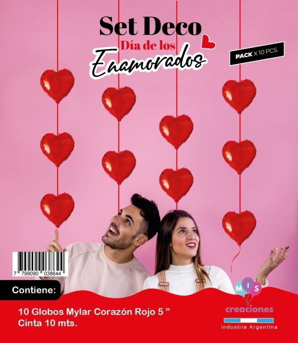 Producto - Set deco guirnaldas x10 globos corazones 5" rojos y cinta roja de 10 metros