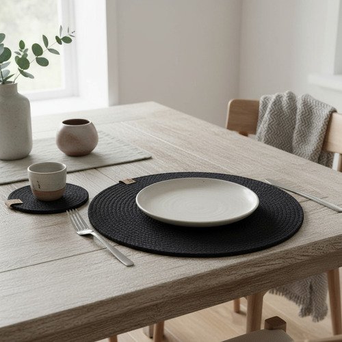 Producto - Set Plato Sitio 32 cm. Posavaso 12 cm x 6 Un. 7mm. Negro.