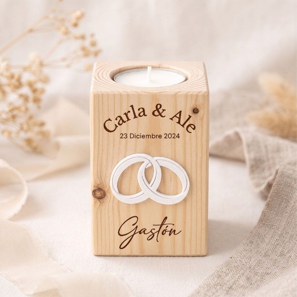 Producto - Porta Vela Alto en Madera con Aplique y Grabados