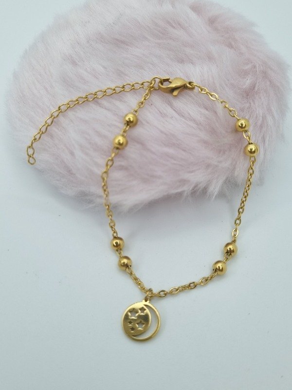 Producto - Pulsera acero dorado doble pelotita dije luna y estrellas