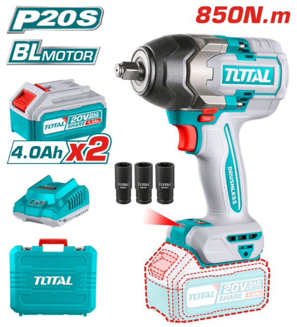 Producto - Llave de Impacto Inalámbrica TOTAL TIWLI2085 - 20V Brushless - 850 Nm