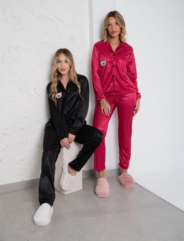 Producto - Pijama satén bolsillo strass NEGRO