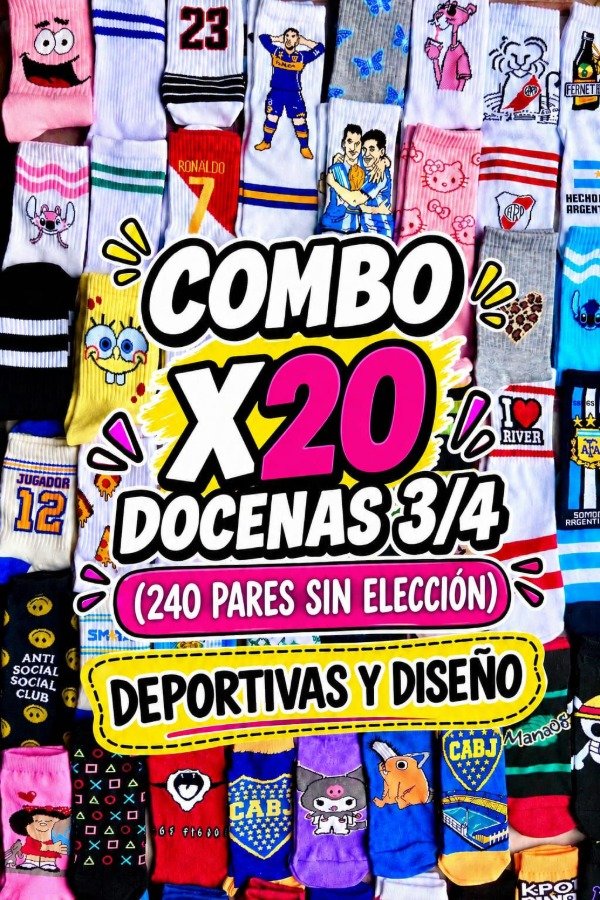 Producto - COMBO X20 DOCENAS 3/4 SURTIDAS EN DEPORTIVAS Y DISEÑOS