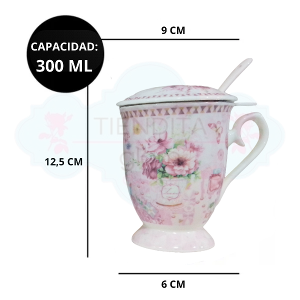 Producto - TAZA DE PORCELANA LILA CON FILTRO Y CUCHARA CON FLORES 300 ML - 1