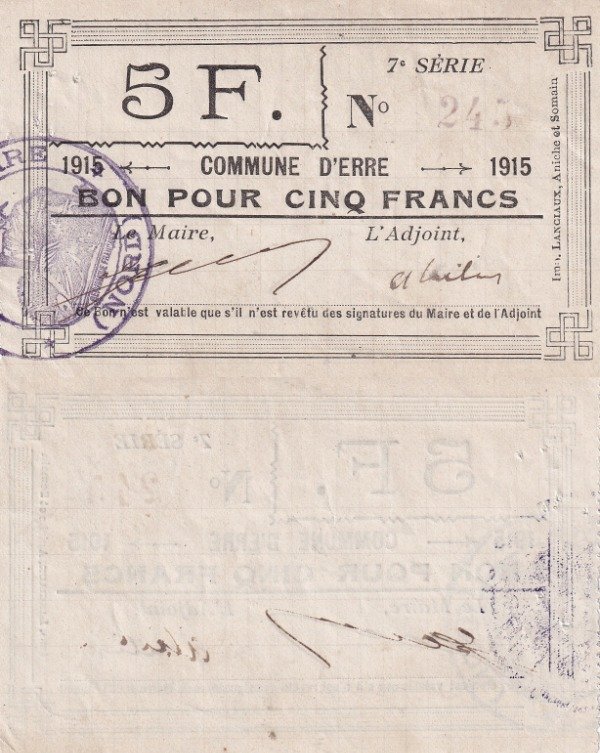 Producto - Comunas Ocupadas de Francia: Erre - 5 Francos (1915) - Primera Guerra Mundial