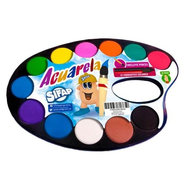 Producto - ACUARELA SIFAP ESCOLAR X 12 COLORES C/PINCEL Y MEZCLADOR