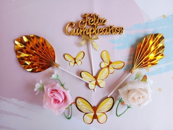 Producto - Set feliz cumple + hojas de palma dorado
