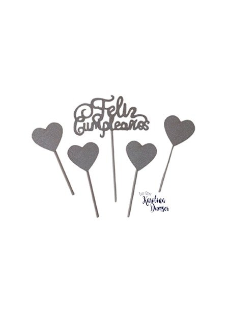 Producto - Topper Feliz Cumpleaños Corazones Glitter Plateado