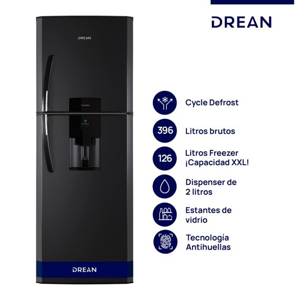 Producto - HELADERA DREAN CÍCLICA 396LTS BLACK HDR400F41N CON DISPENSER